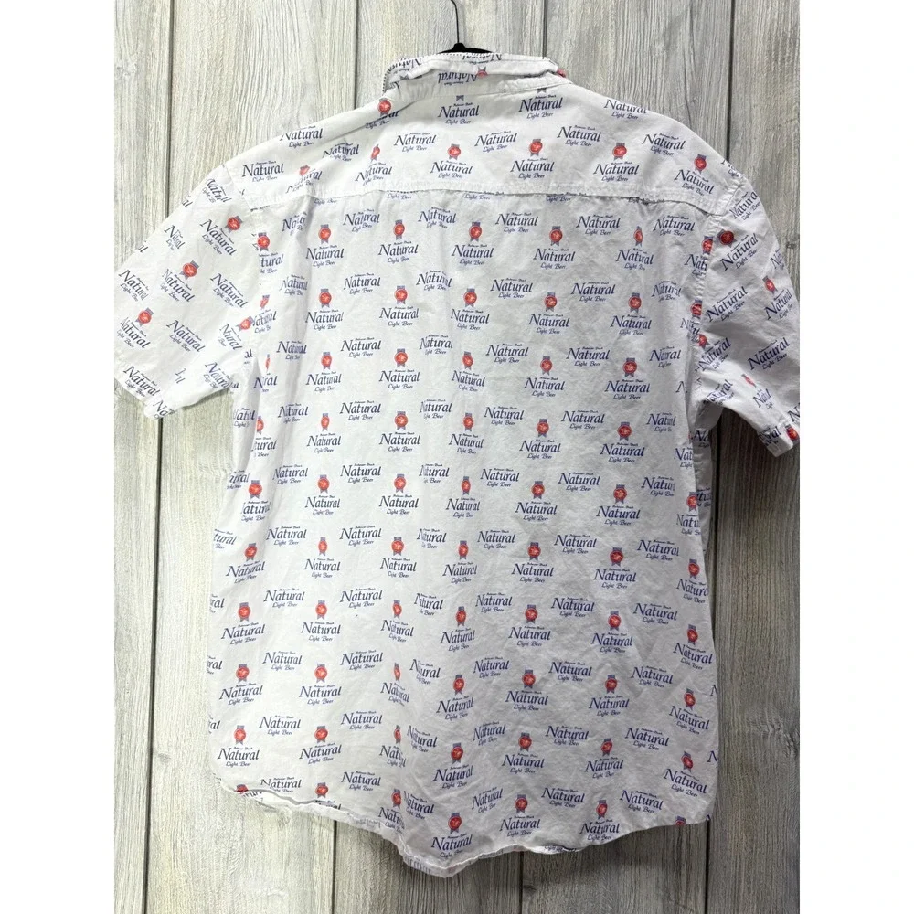 Brew City Natural Light Beer Mens Large All Over Print Button Down Shirt White